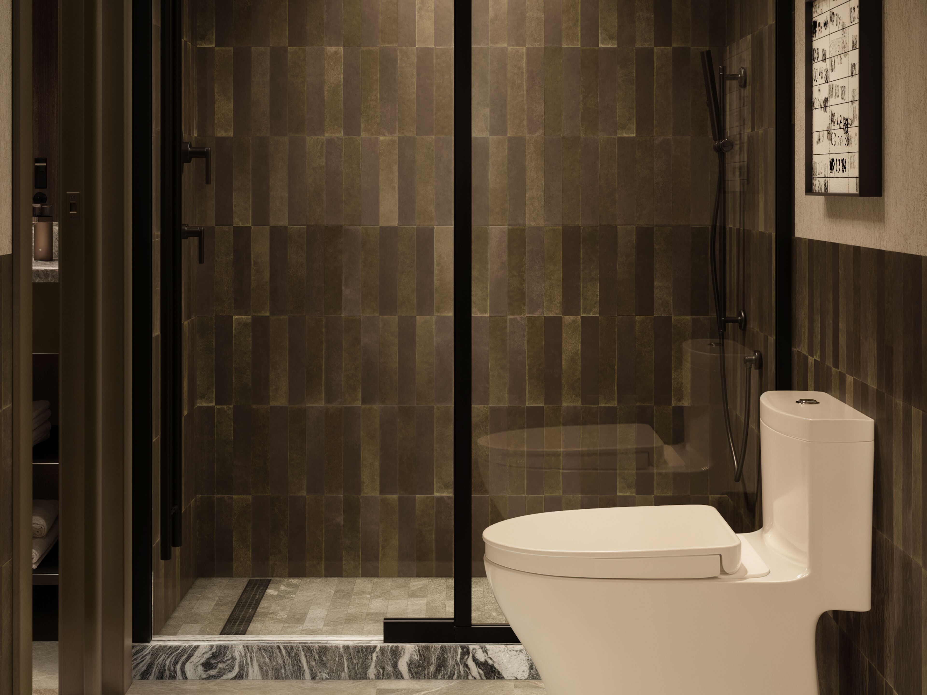 shower, designer toiletries, hair dryer, bathrobes