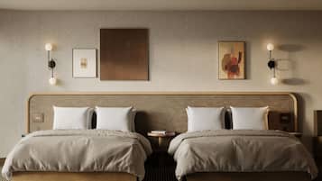 Una moderna camera d'albergo con due letti, un'ampia opera d'arte appesa al muro e luci a parete.