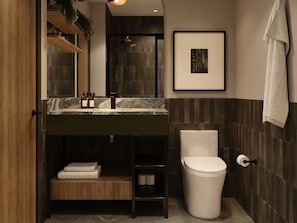 Premium Room, 1 King Bed, Mountain View | Salle de bain | Douche, articles de toilette griffés, séchoir à cheveux, peignoirs