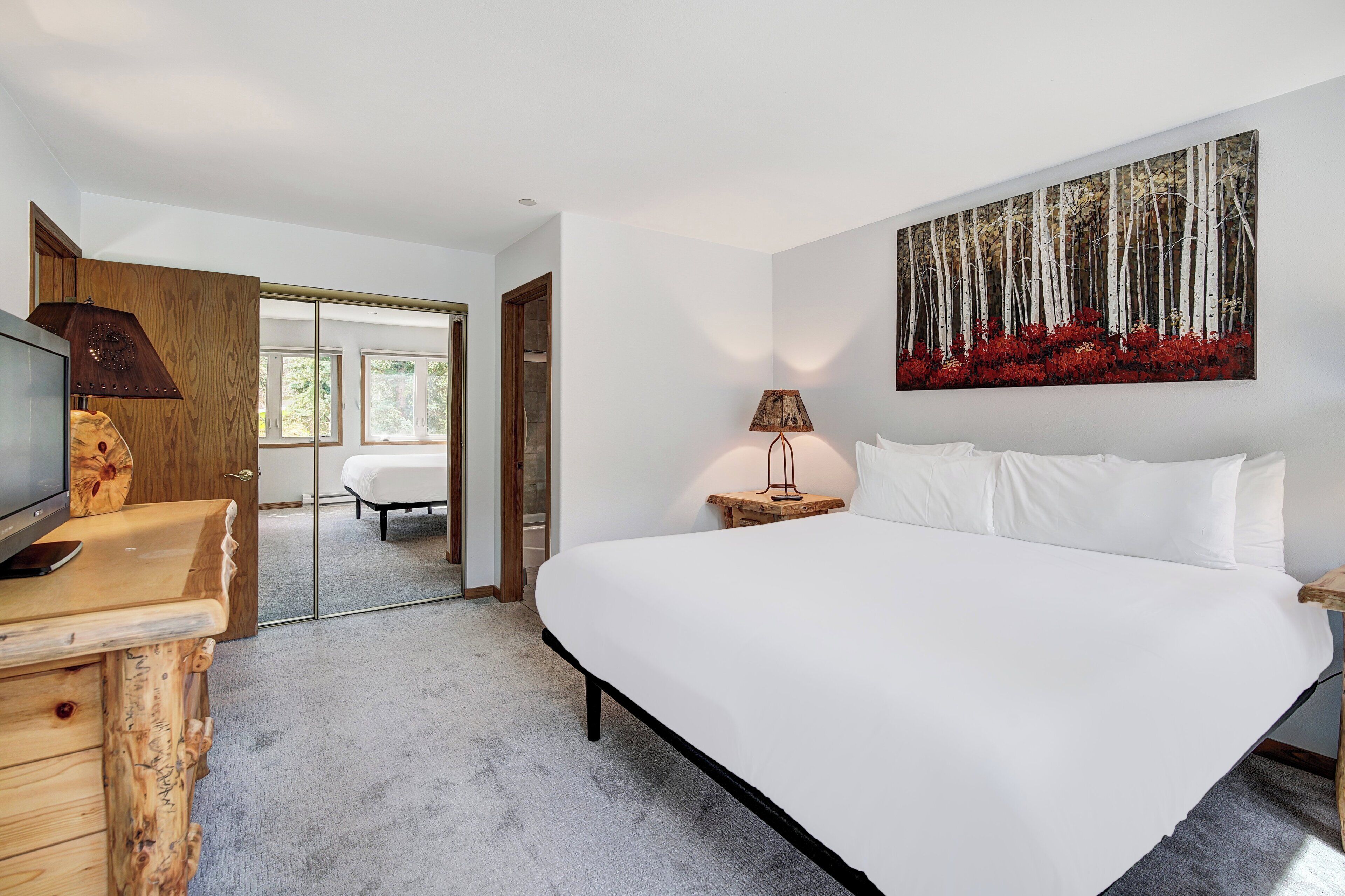 Une chambre avec un grand lit, un téléviseur posé sur une commode en bois, un tableau représentant une forêt et une porte donnant sur un balcon.