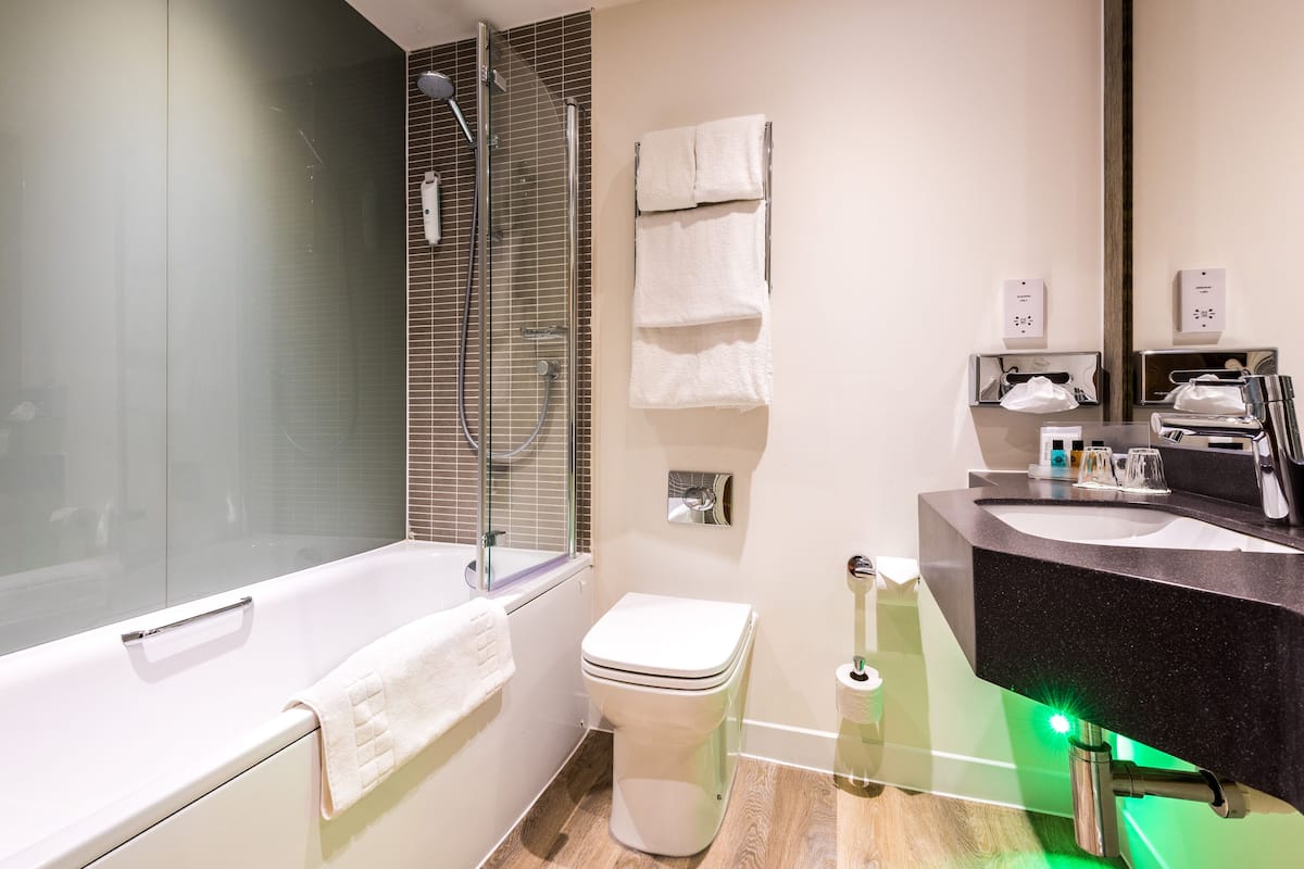 hair dryer, towels, soap, shampoo