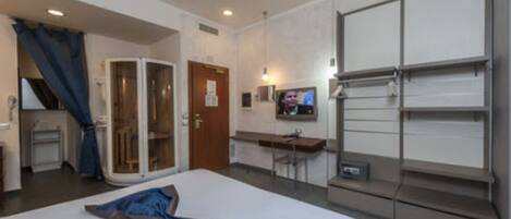 Una habitación de hotel con una cama, un escritorio, un televisor y un divisor corredizo.