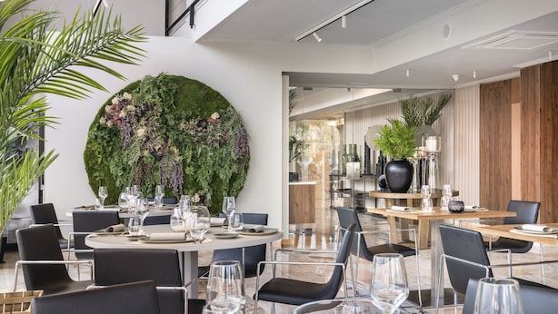 Un comedor moderno con mesas redondas, sillas negras y una pared verde grande con plantas.