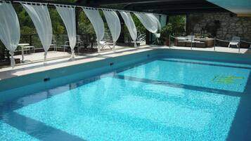 Seasonal outdoor pool, open 10:00 AM to 8:00 PM, pool loungers