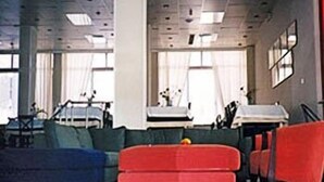 A spacious living room with a large red sofa, a blue armchair, and a green couch. There are multiple windows providing natural light, and a small table with a vase of flowers.