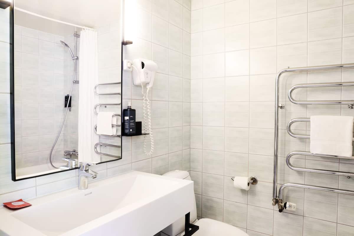 family room | bathroom | shower, hair dryer, towels