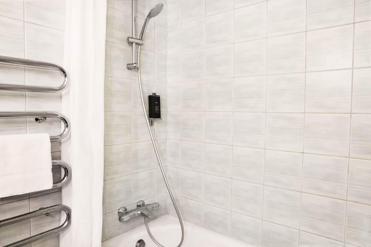 family room | bathroom | shower, hair dryer, towels