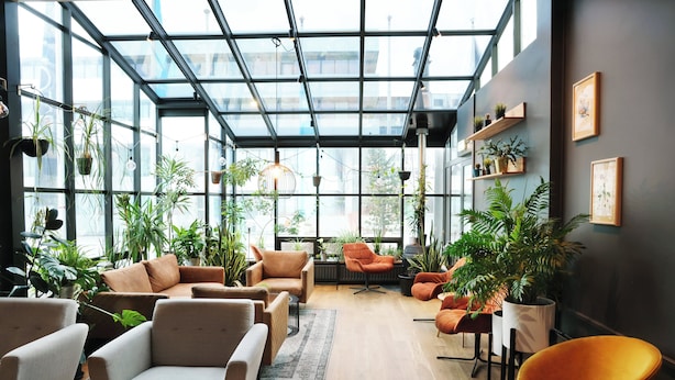 A modern interior with a glass ceiling, multiple seating areas, and various indoor plants.