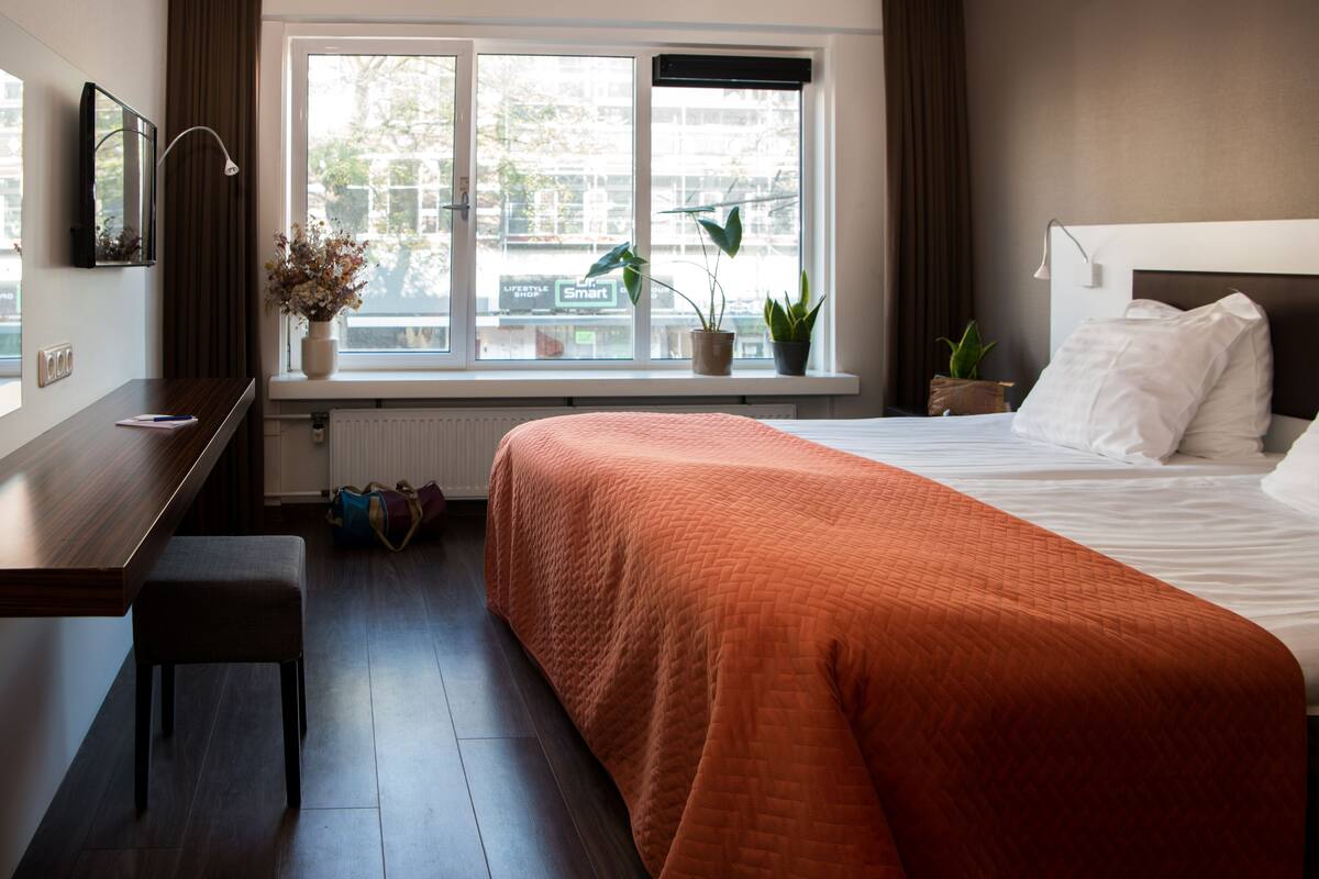 A hotel room with a bed, a desk, a chair, and a window with plants.