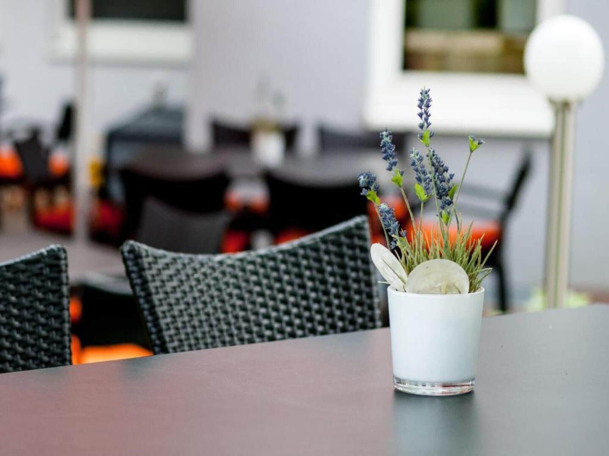 Una mesa de comedor con una taza blanca que contiene una planta y un vaso.