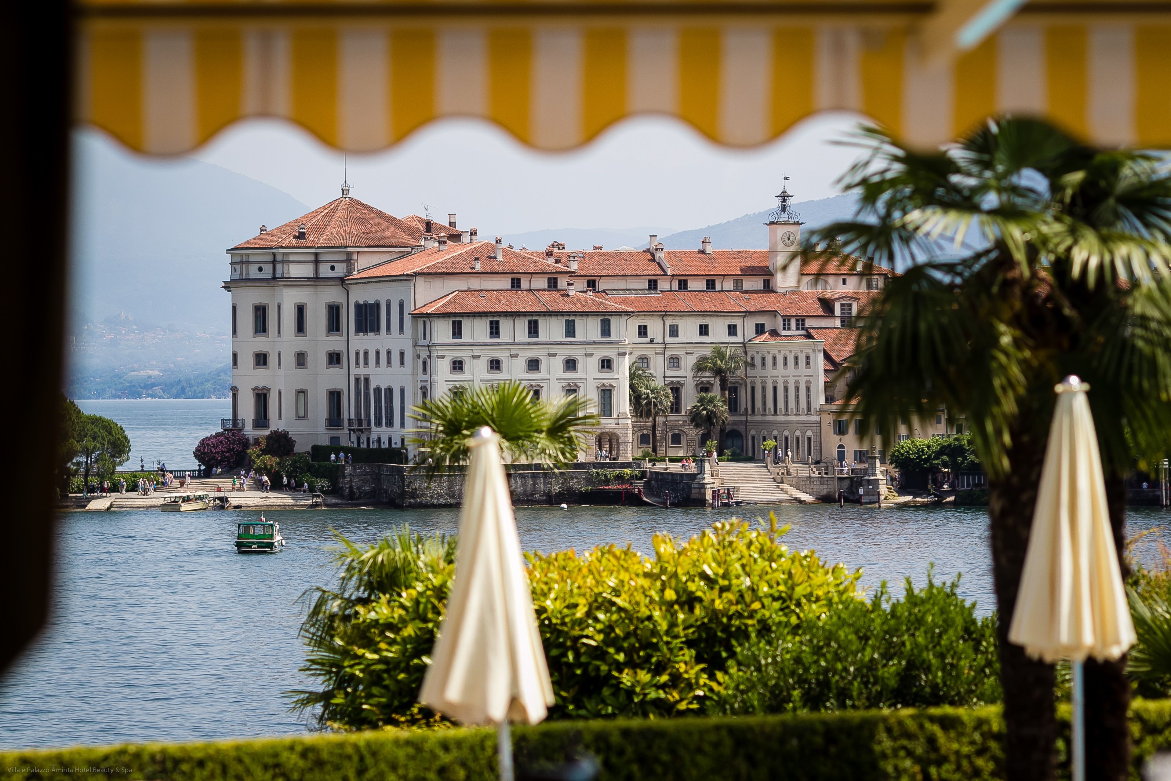 A waterfront view of a historic building with a clock tower, surrounded by lush greenery and palm trees.