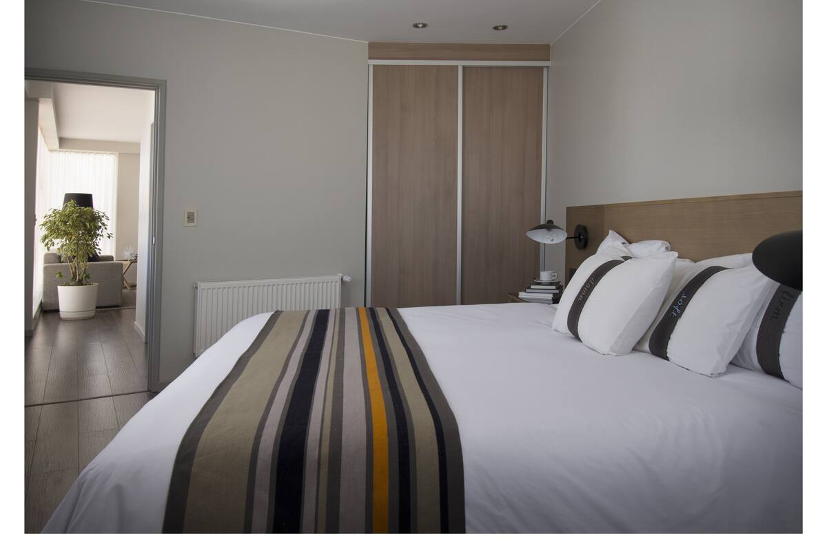 A modern hotel room with a large bed, a bedside table with a lamp, a potted plant, and a view of the hallway.