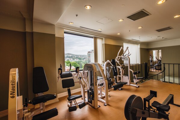 A gym with Nautilus equipment, large windows, and a view of a cityscape.