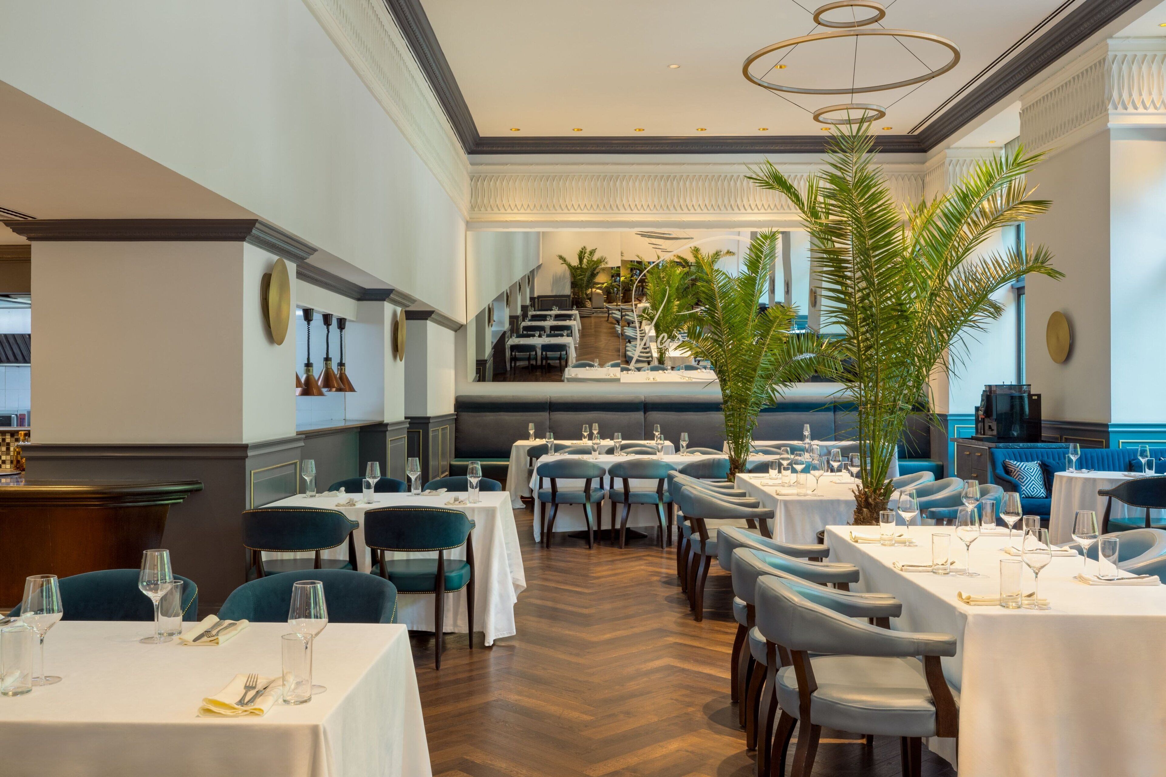 Un restaurante con varias mesas y sillas, una planta grande en maceta y una escalera al fondo.