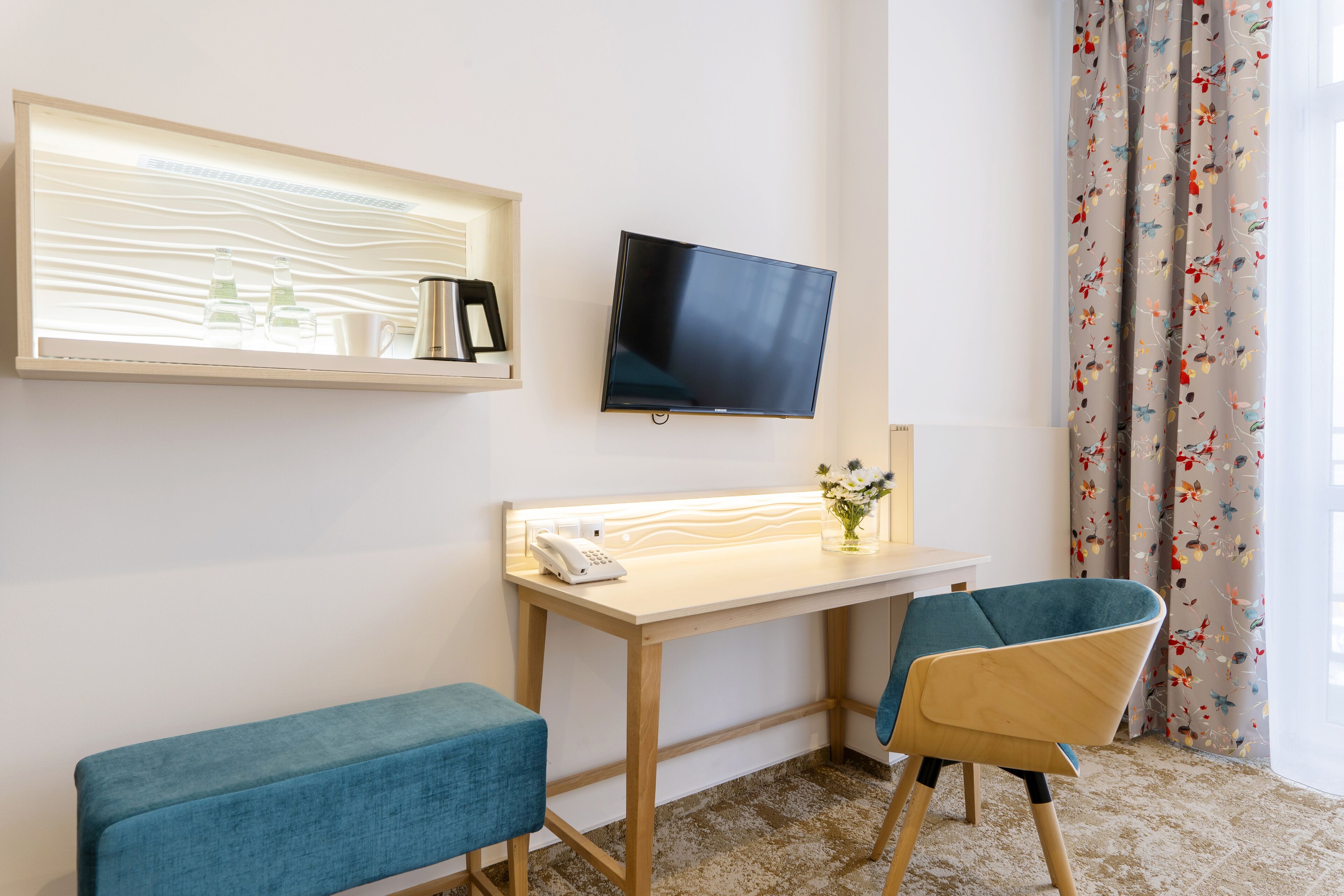 standard twin room | in-room safe, desk, laptop workspace, blackout curtains