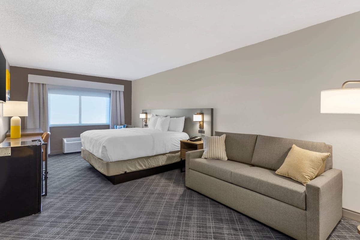 A hotel room with a bed, a sofa, a desk, and a lamp.