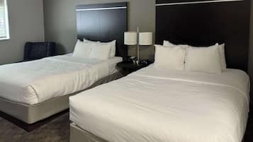 Pillowtop beds, desk, laptop workspace, blackout drapes