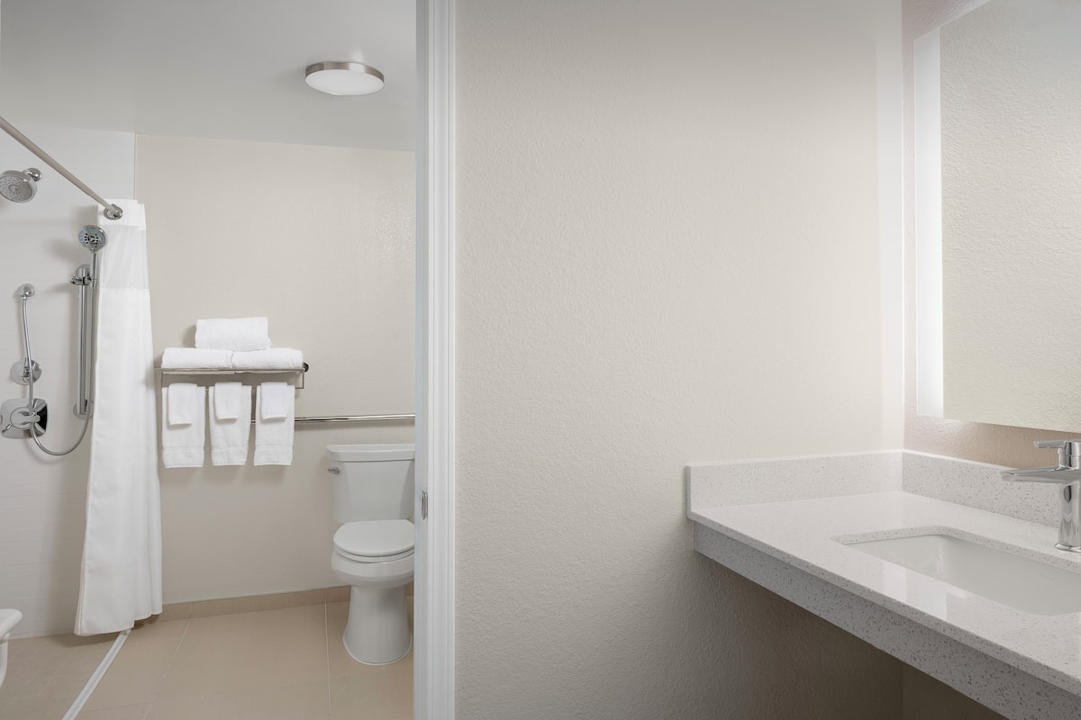 Combined shower/bathtub, free toiletries, hair dryer, towels
