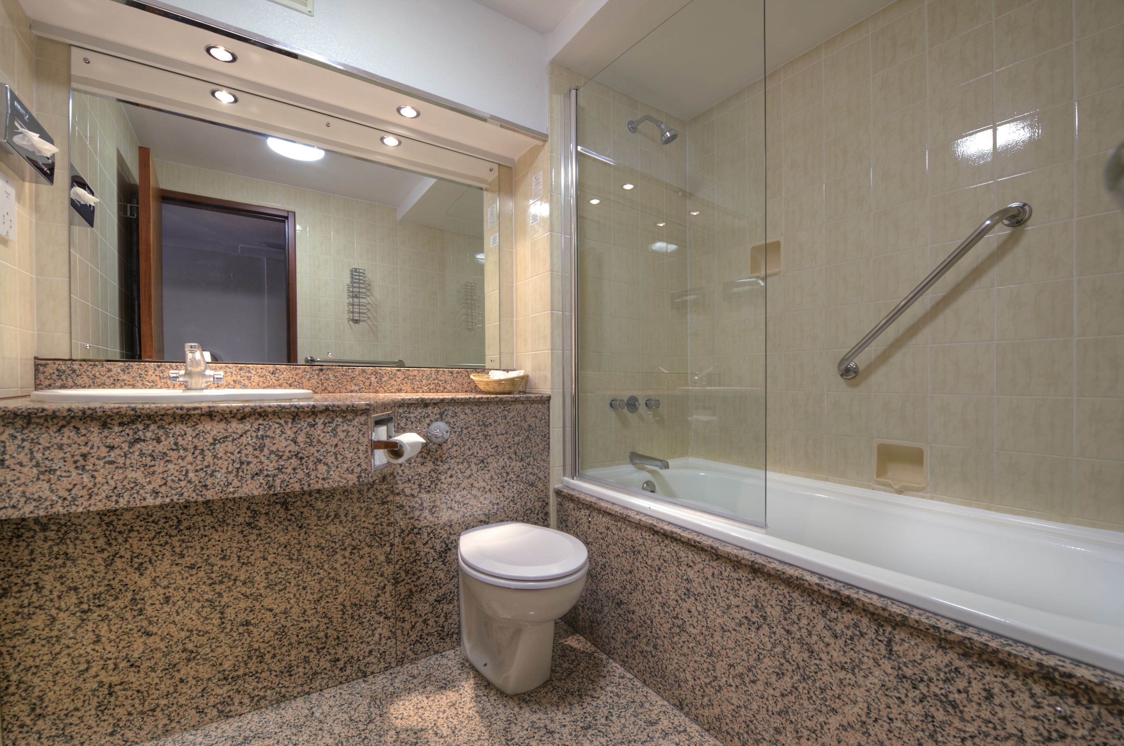 Combined shower/tub, free toiletries, hair dryer