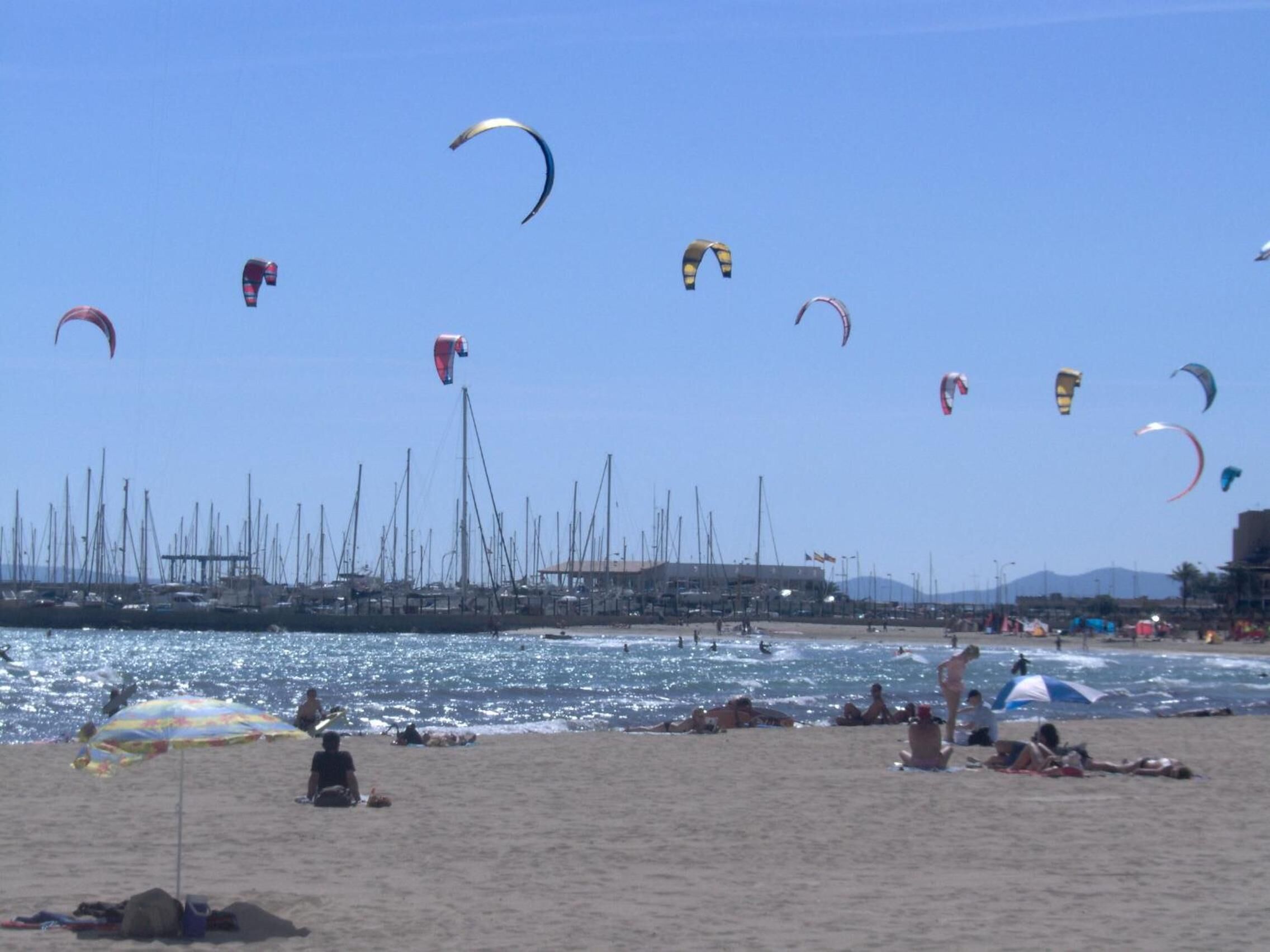 A beach with people sunbathing and parasailing.