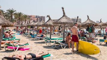 Ein Strand mit Reihen von Liegestühlen und Reetsonnen schirmen.