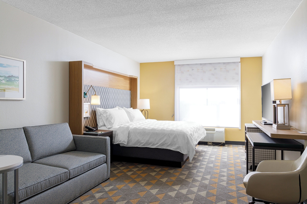 A hotel room with a bed, a sofa, a desk, a chair, and a TV.