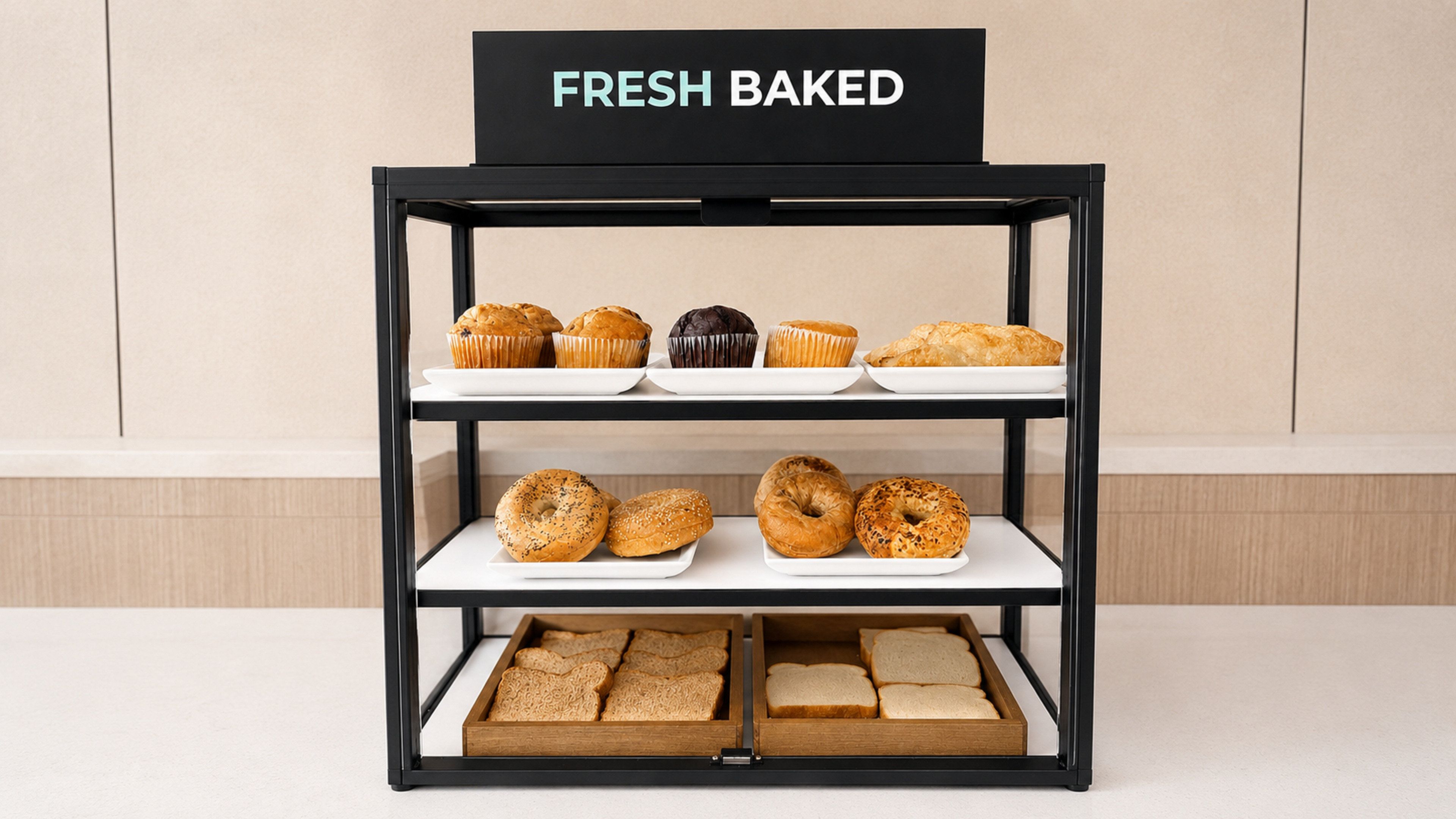 A display case labeled 'FRESH BAKED' with various baked goods.