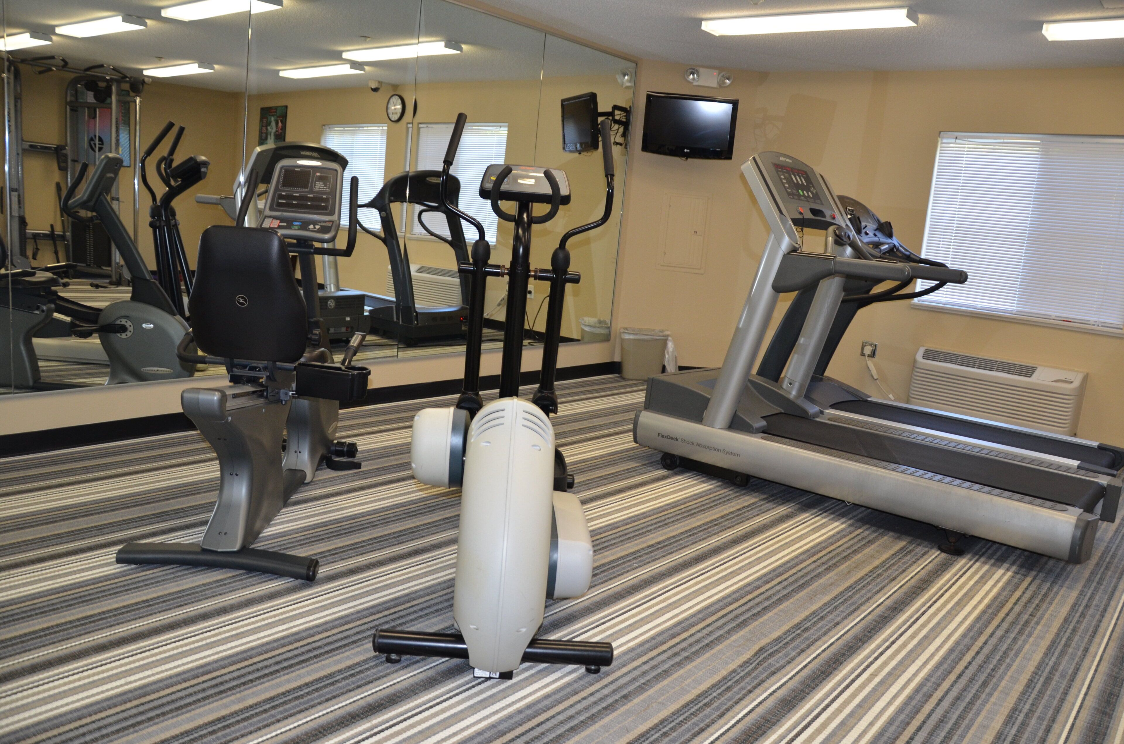 A gym with cardio machines, a mirrored wall, and a television.