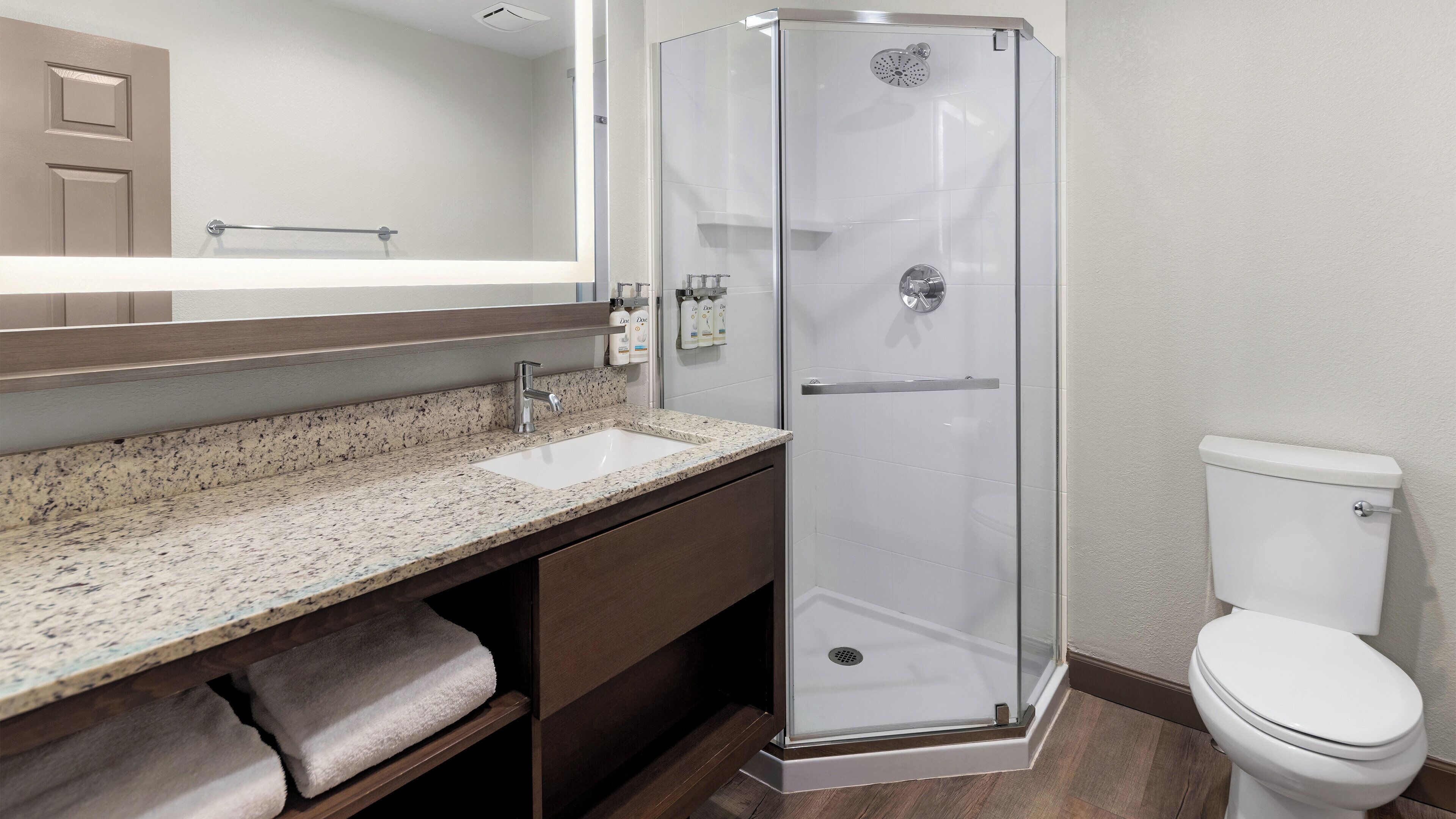 A bathroom with a granite countertop, a glass shower enclosure, a white toilet, and a towel rack.