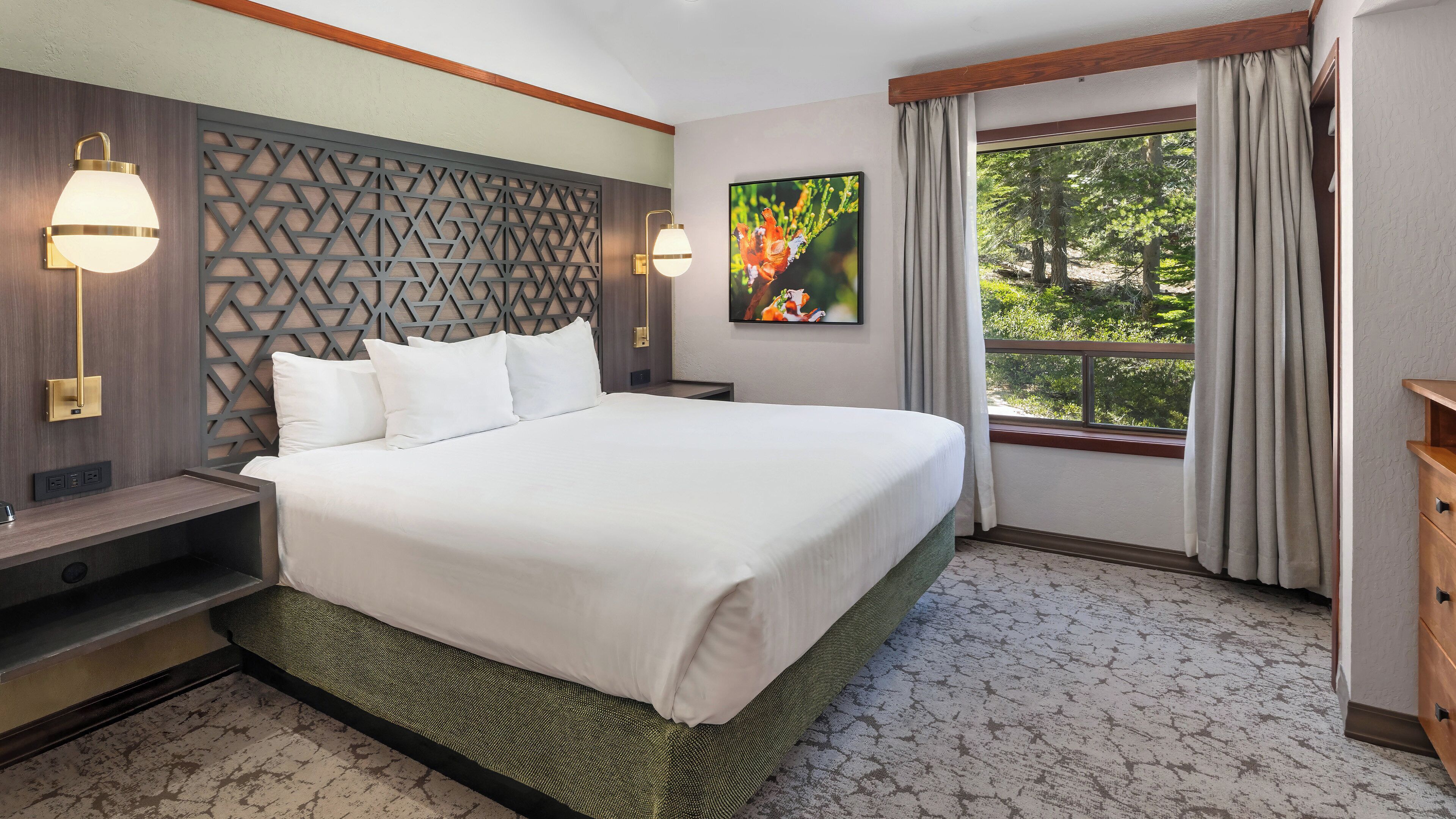 Una habitación de hotel con una cama grande, televisión, ventana con cortinas y un panel decorativo en la pared.