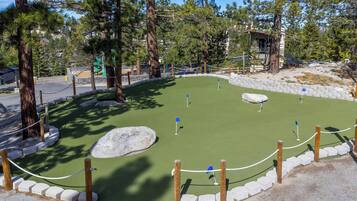 Ein Minigolfplatz mit grünem Spielplatz, mehreren von blauen Fahnen markierten Bahnen und umliegenden Bäumen.