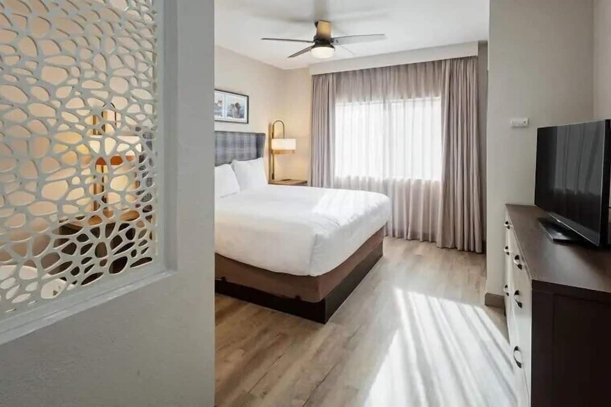 A hotel room with a bed, a television, a ceiling fan, and a window with curtains.