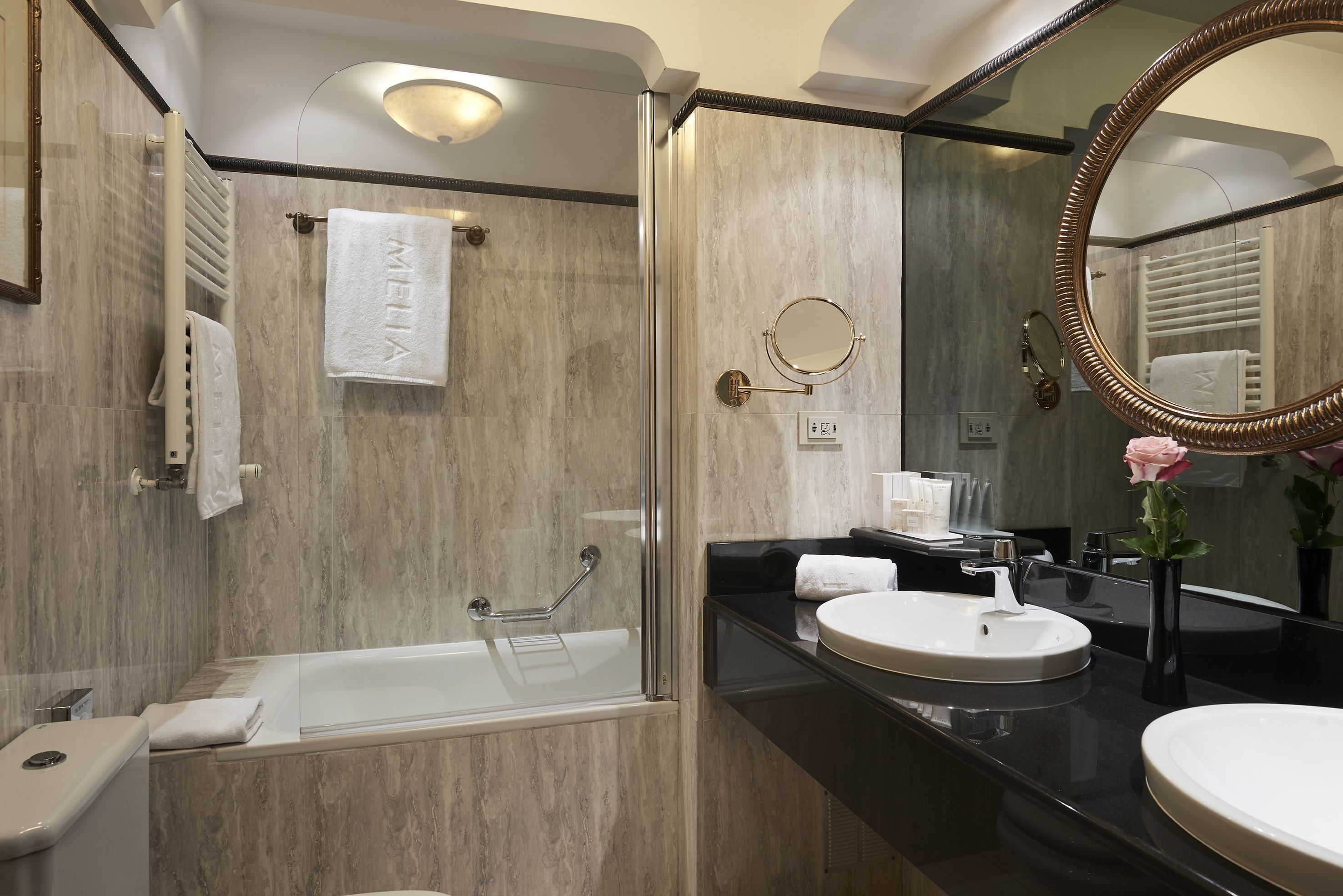 combined shower/bathtub, deep-soaking bathtub, eco-friendly toiletries