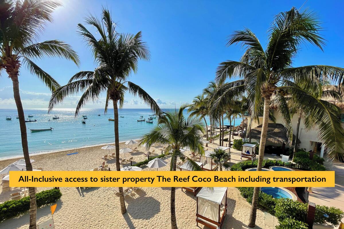 A beach resort with palm trees, beach umbrellas, and a pool area.
