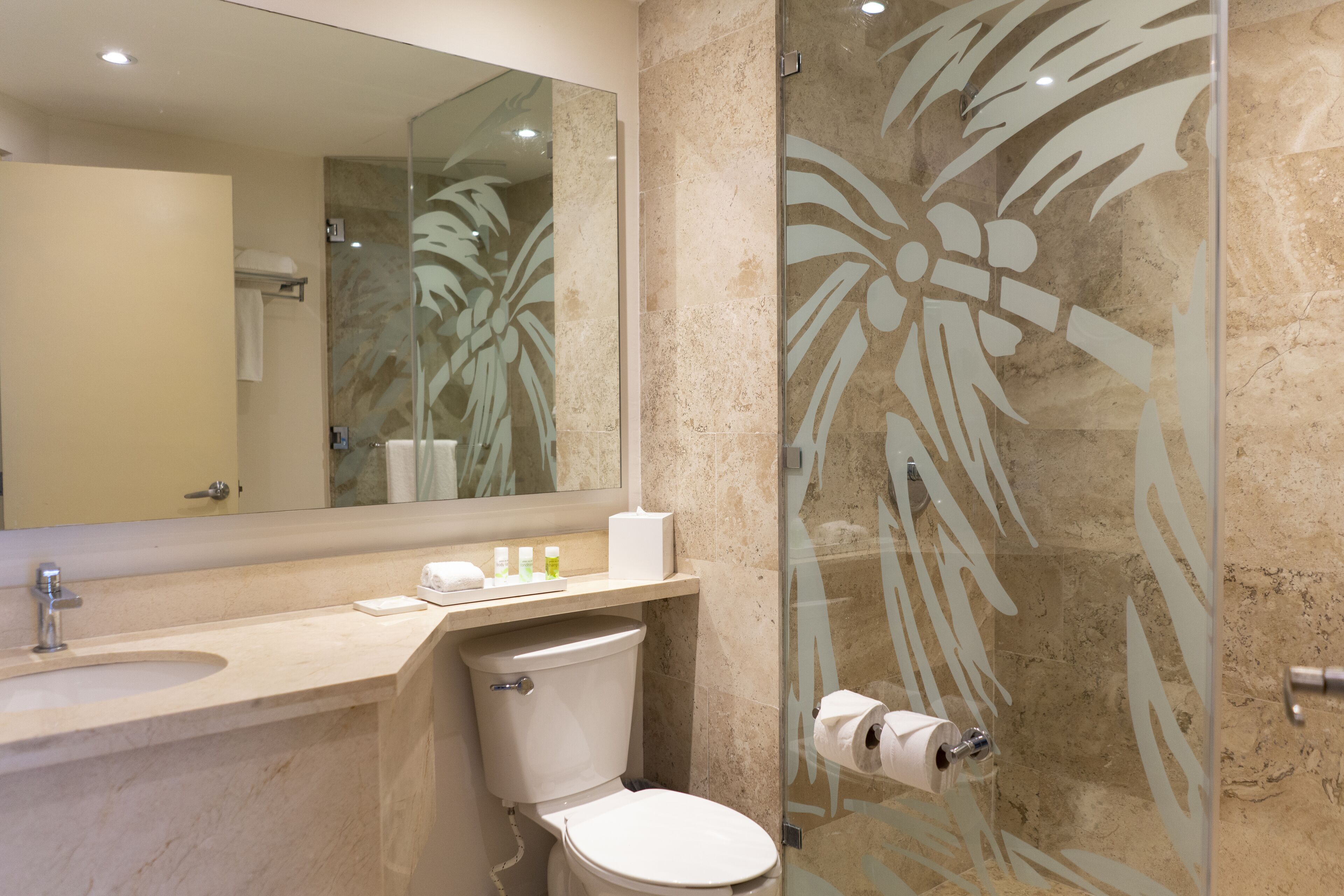 Une salle de bain moderne avec un lavabo en marbre, des toilettes, une douche en verre avec un motif de feuilles de palmier et un grand miroir.