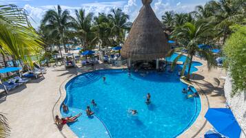 Outdoor pool, pool umbrellas, pool loungers