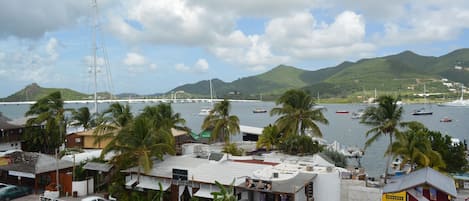 A coastal town with a marina, parked cars, and palm trees.