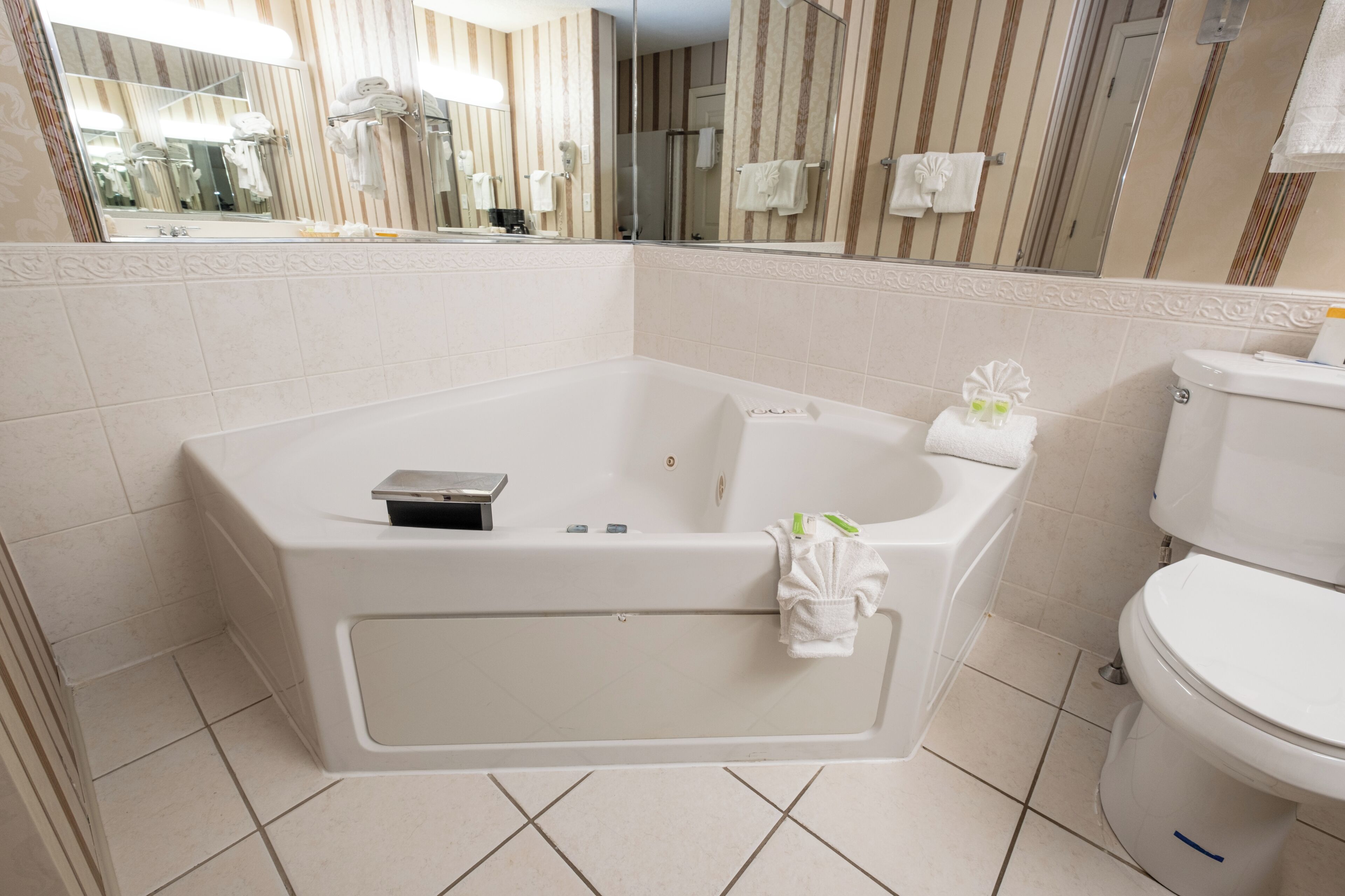 A bathroom with a bathtub, toilet, and a mirror.