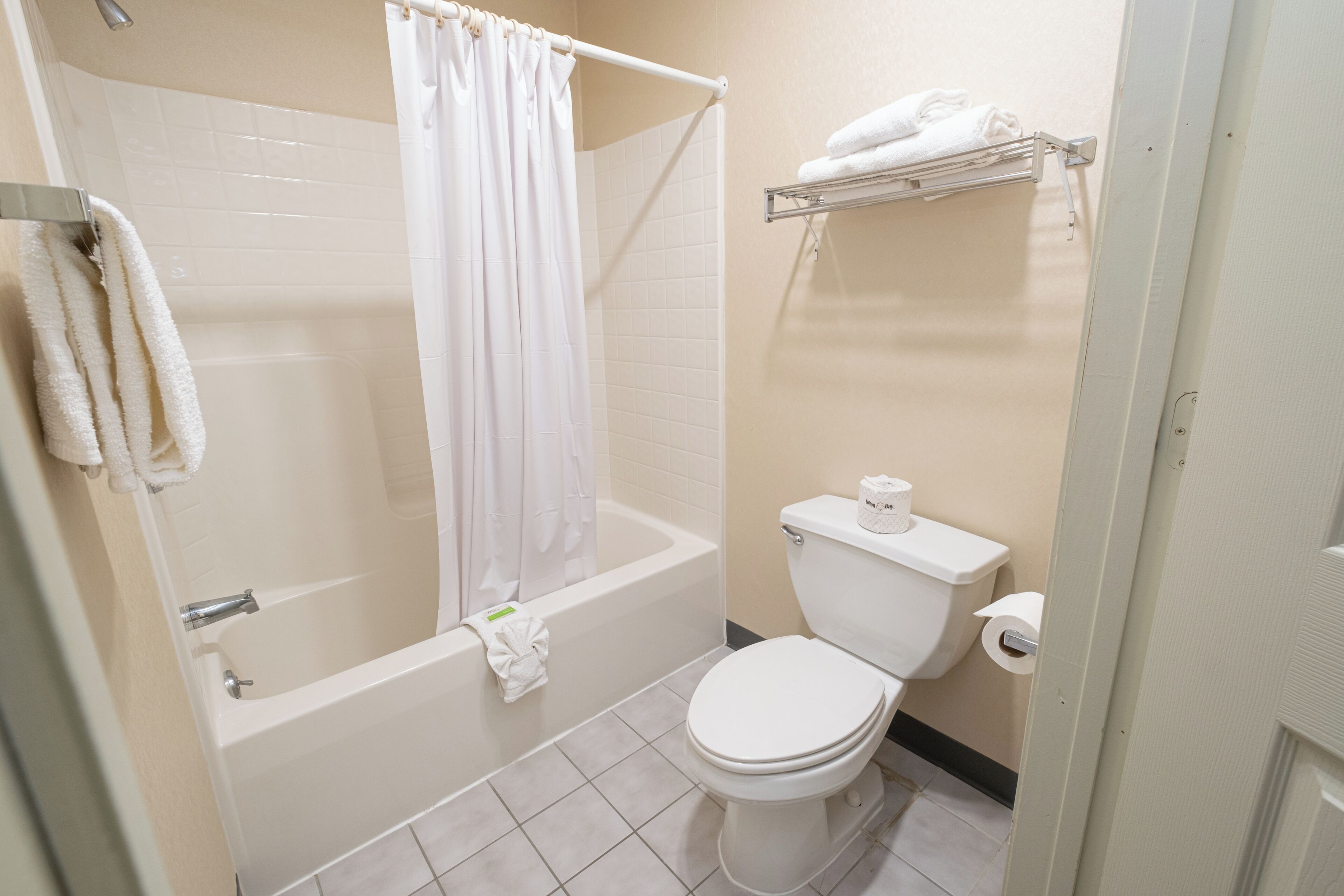 A bathroom with a bathtub, toilet, and a shower curtain.