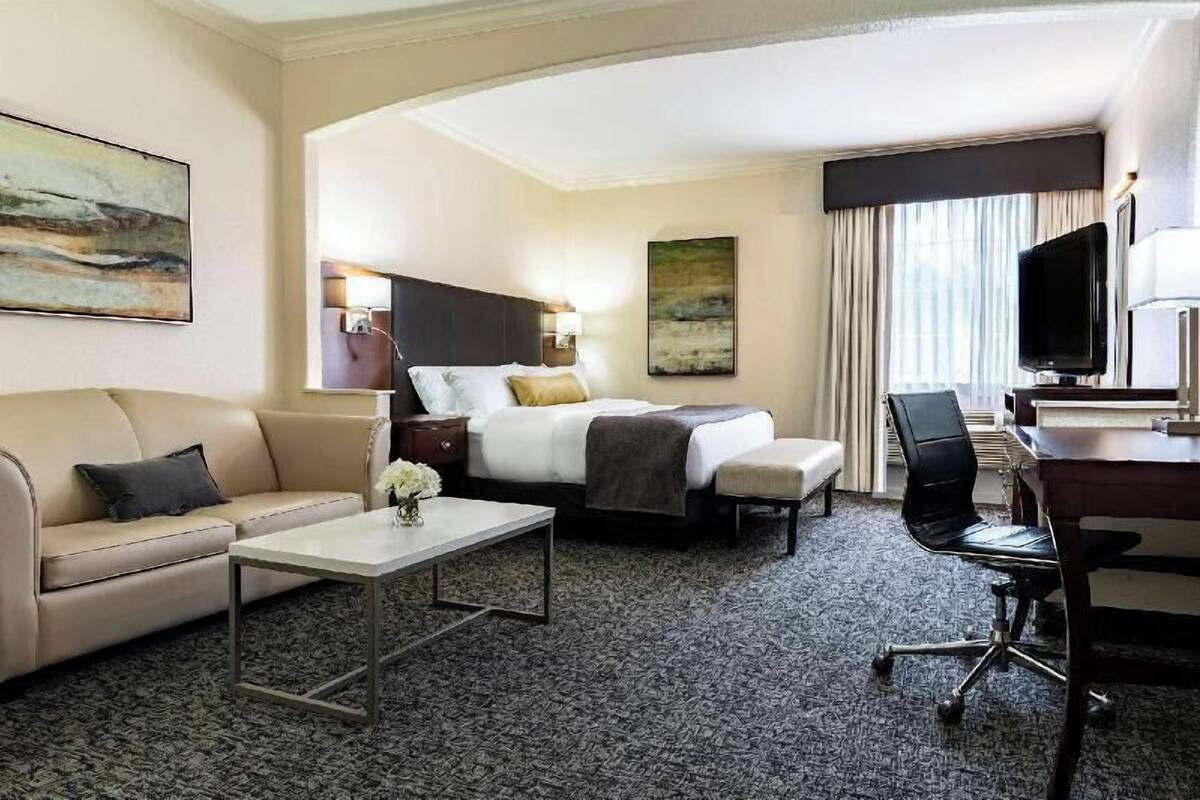 A hotel room with a bed, a sofa, a desk, a chair, and a television.