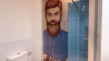 Shower, eco-friendly toiletries, hair dryer, towels