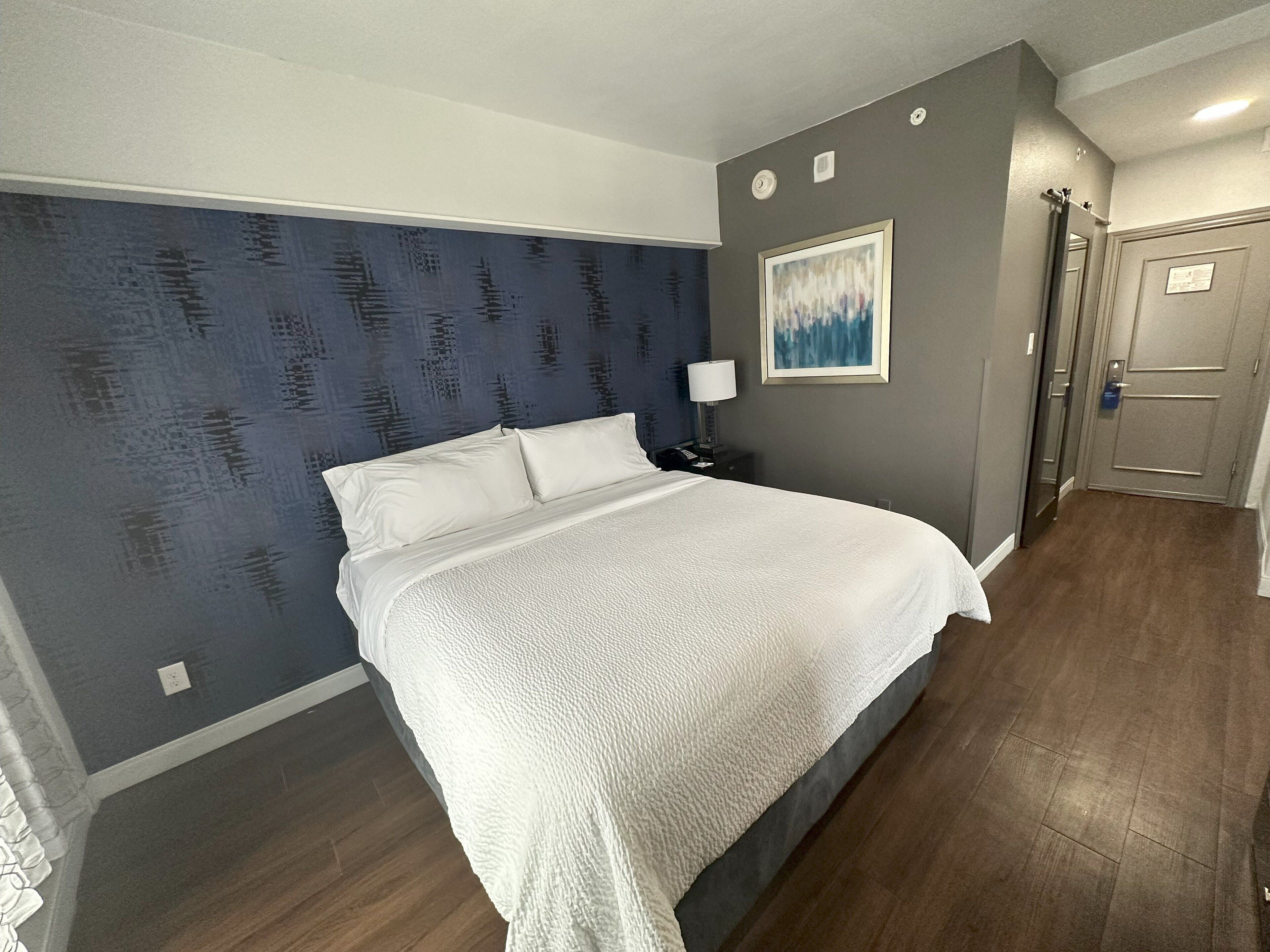 A hotel room with a large bed, a nightstand, a wall-mounted lamp, and a door.
