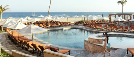 5 outdoor pools, open 9:00 AM to 9:00 PM, pool umbrellas, sun loungers