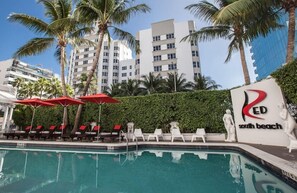 Una piscina al aire libre, sillones reclinables de piscina