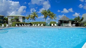A clear blue pool with lounge chairs and palm trees in the background.