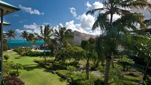 A tropical resort with a well-maintained lawn, palm trees, and a view of the ocean.