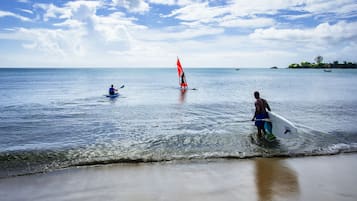A beach scene with clear skies and calm waters.