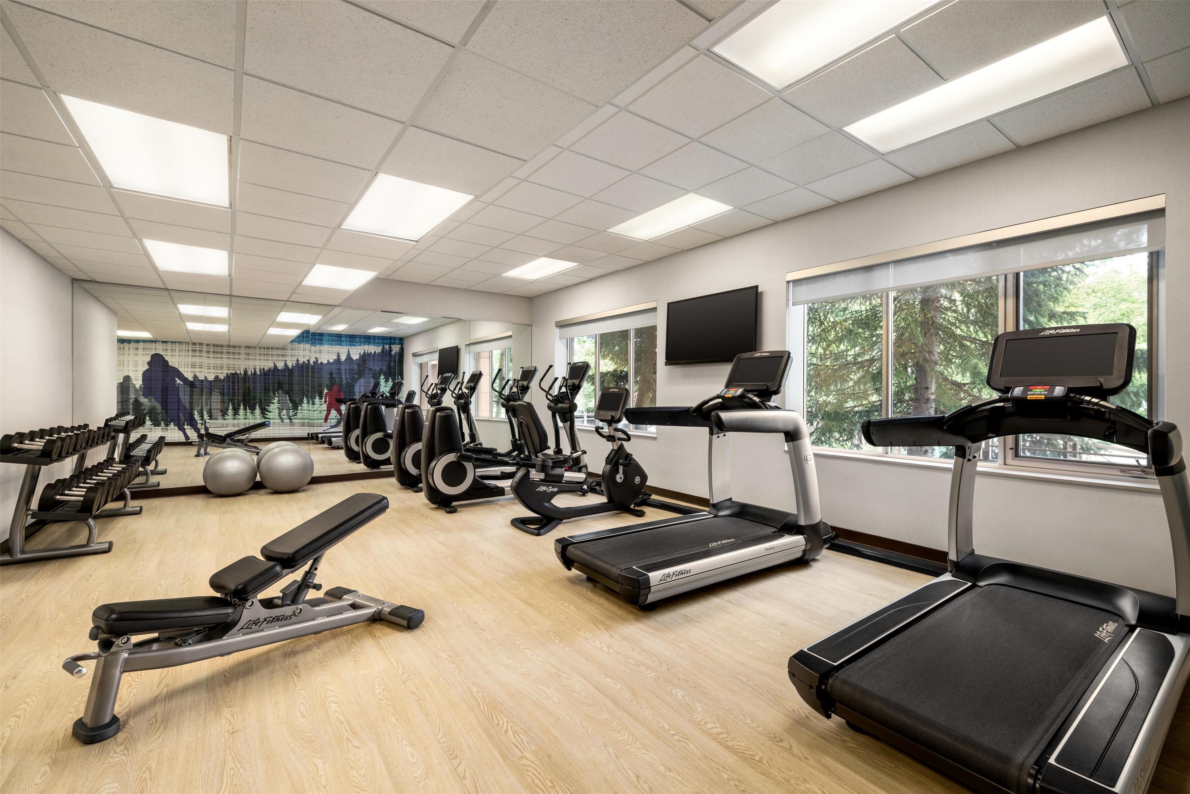 A gym with treadmills, elliptical machines, and weight benches.