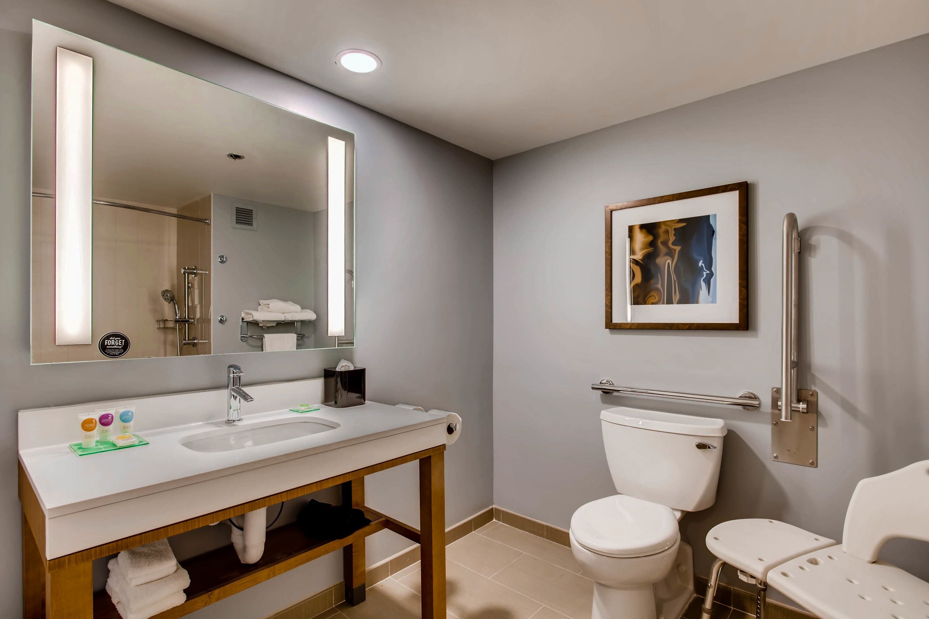 combined shower/bathtub, free toiletries, hair dryer, towels