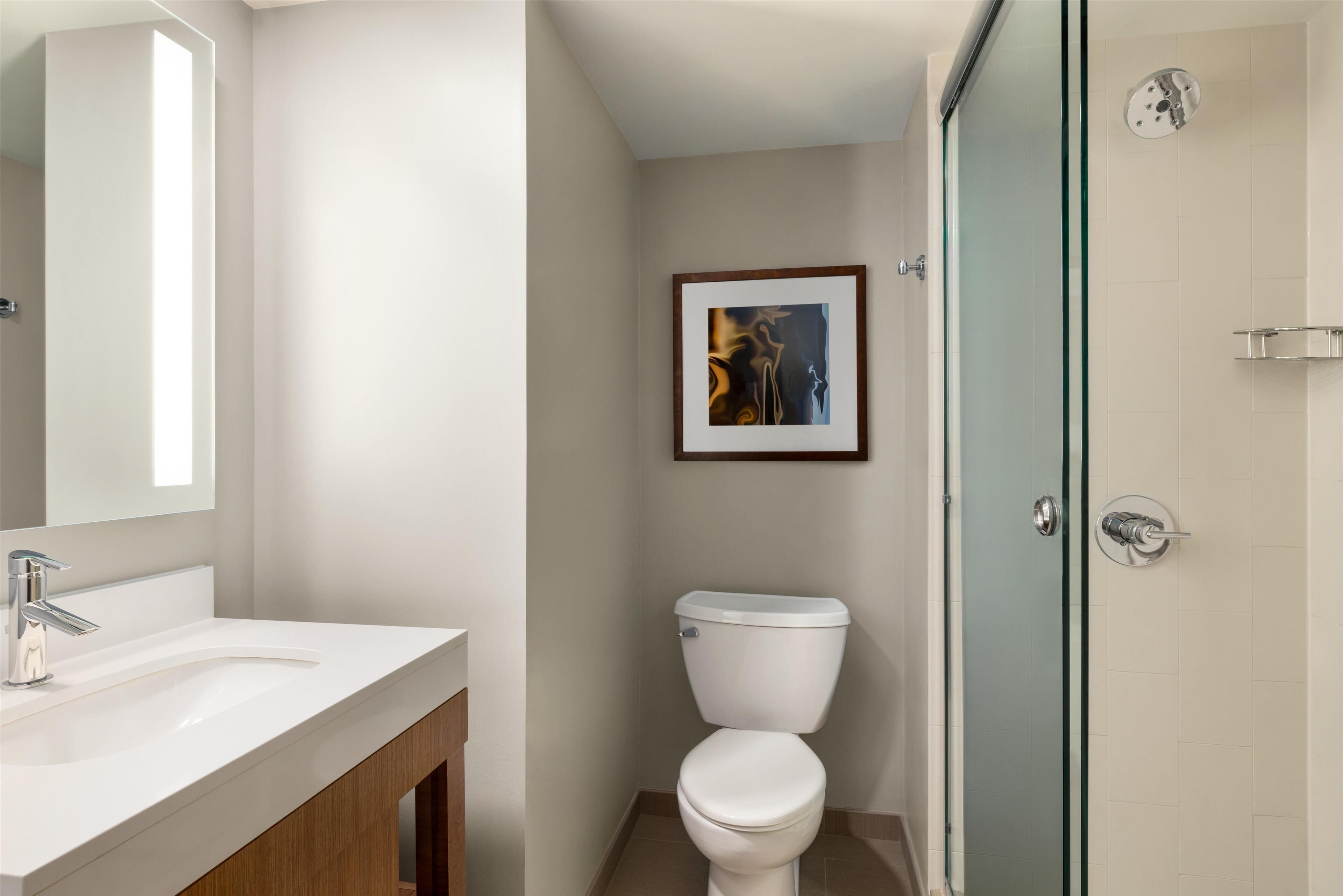 A modern bathroom with a white sink, a toilet, and a glass shower enclosure.